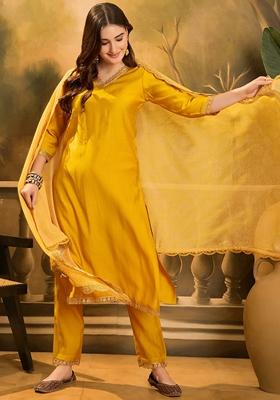 Yellow Sequin Embroidered Silk Salwar Kameez With Dupatta