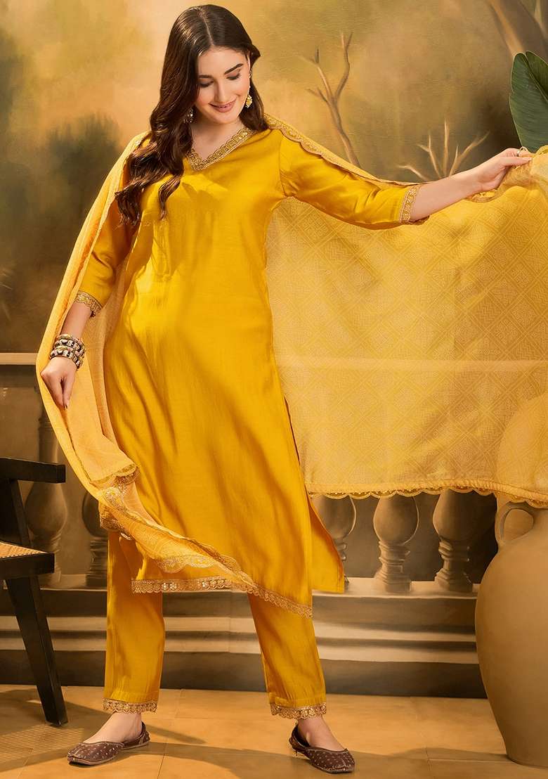 Yellow Embroidered Silk Straight Kurta Set - Indya