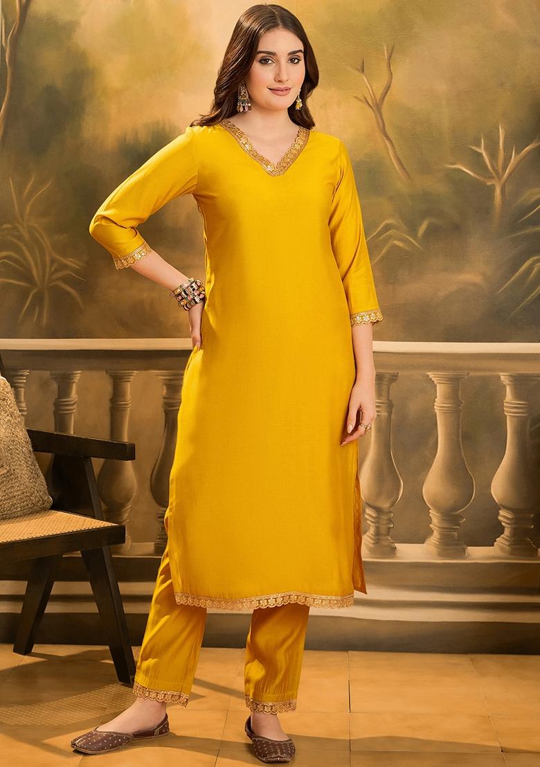 Yellow Sequin Embroidered Silk Salwar Kameez With Dupatta