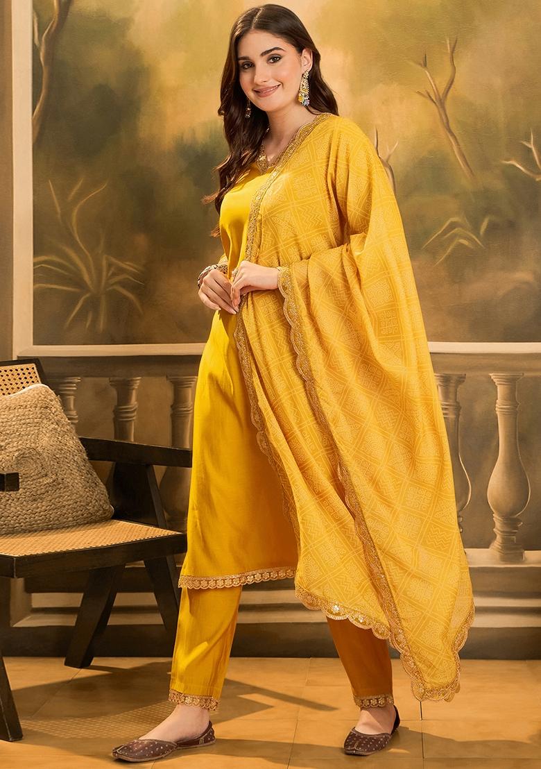 Yellow Sequin Embroidered Silk Salwar Kameez With Dupatta