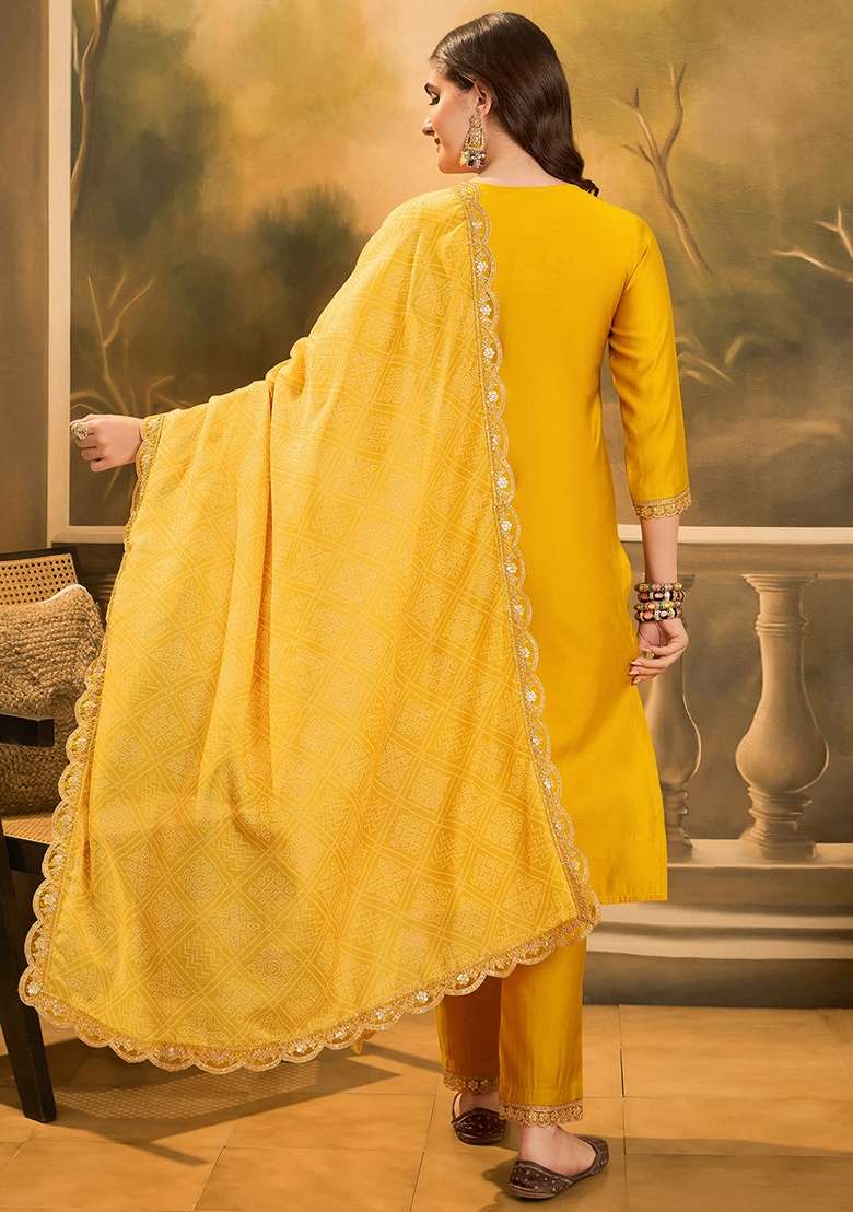 Yellow Embroidered Silk Straight Kurta Set - Indya