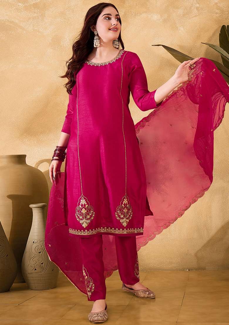 Rani Pink Embroidered Organza Straight Kurta Set - Indya