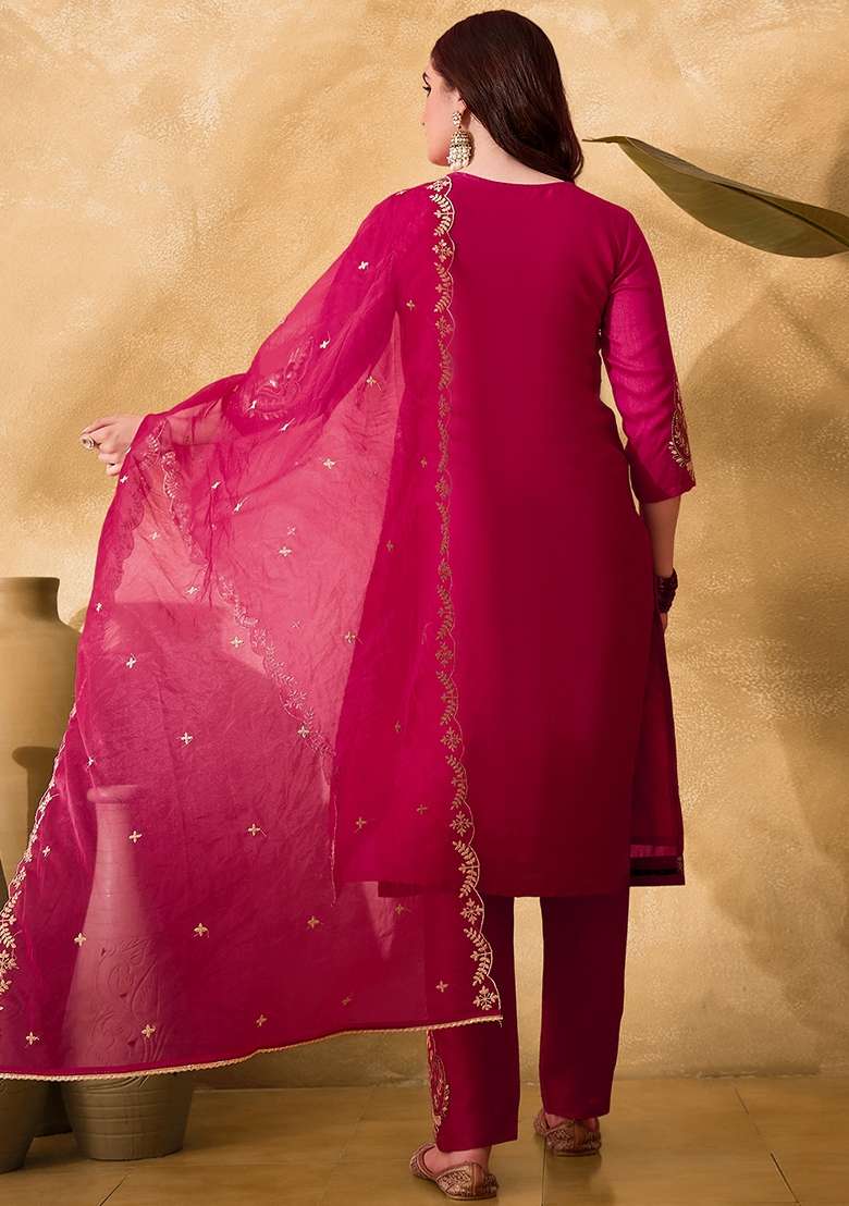 Rani Pink Embroidered Organza Straight Kurta Set - Indya