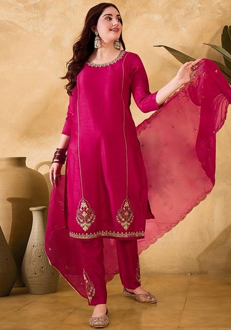 Rani Pink Sequin Embroidered Organza Salwar Kameez With Dupatta