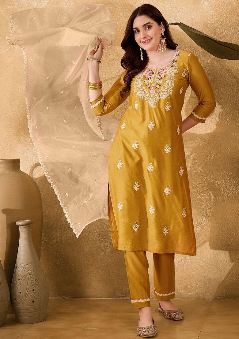 Yellow Embroidered Silk Straight Kurta Set - Indya