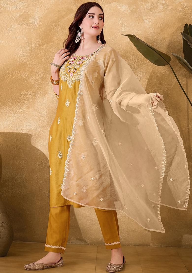 Yellow Embroidered Silk Salwar Kameez With Dupatta