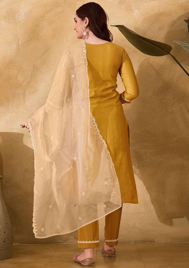 Yellow Embroidered Silk Straight Kurta Set - Indya