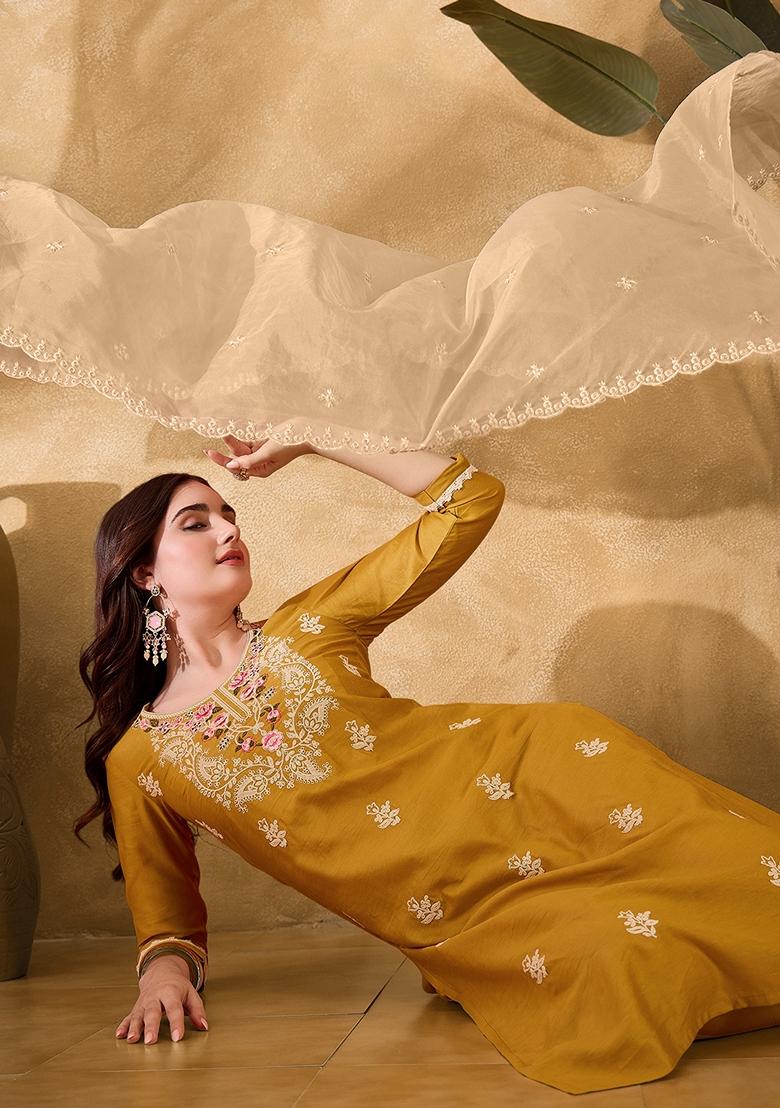 Yellow Embroidered Silk Salwar Kameez With Dupatta
