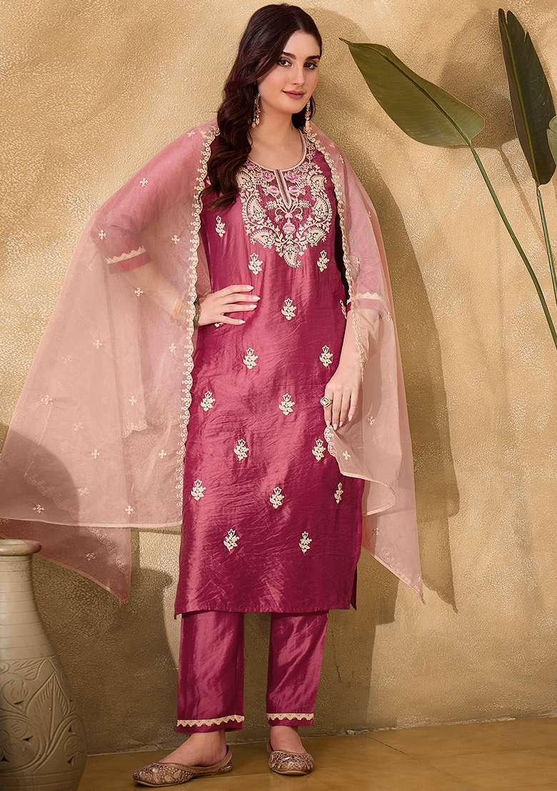 Pink Embroidered Silk Straight Kurta Set - Indya