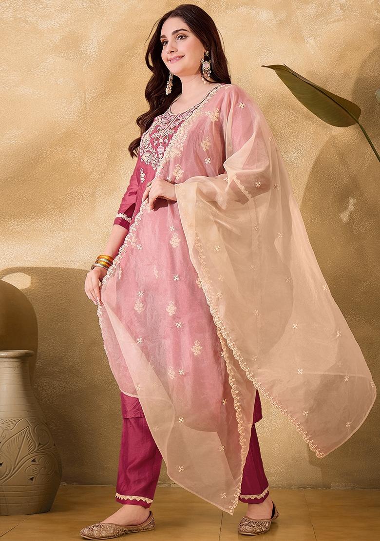 Pink Embroidered Silk Salwar Kameez With Dupatta