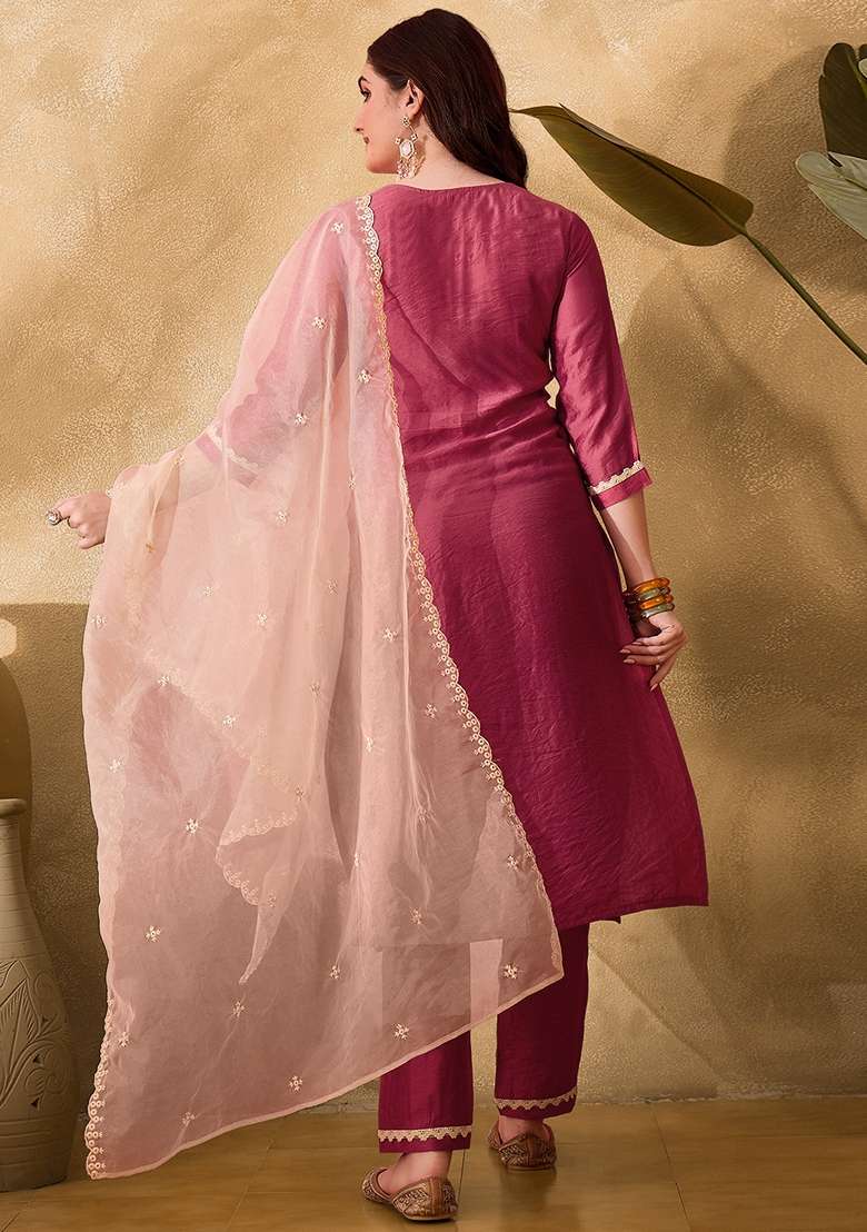 Pink Embroidered Silk Straight Kurta Set - Indya