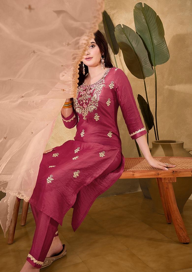 Pink Embroidered Silk Salwar Kameez With Dupatta