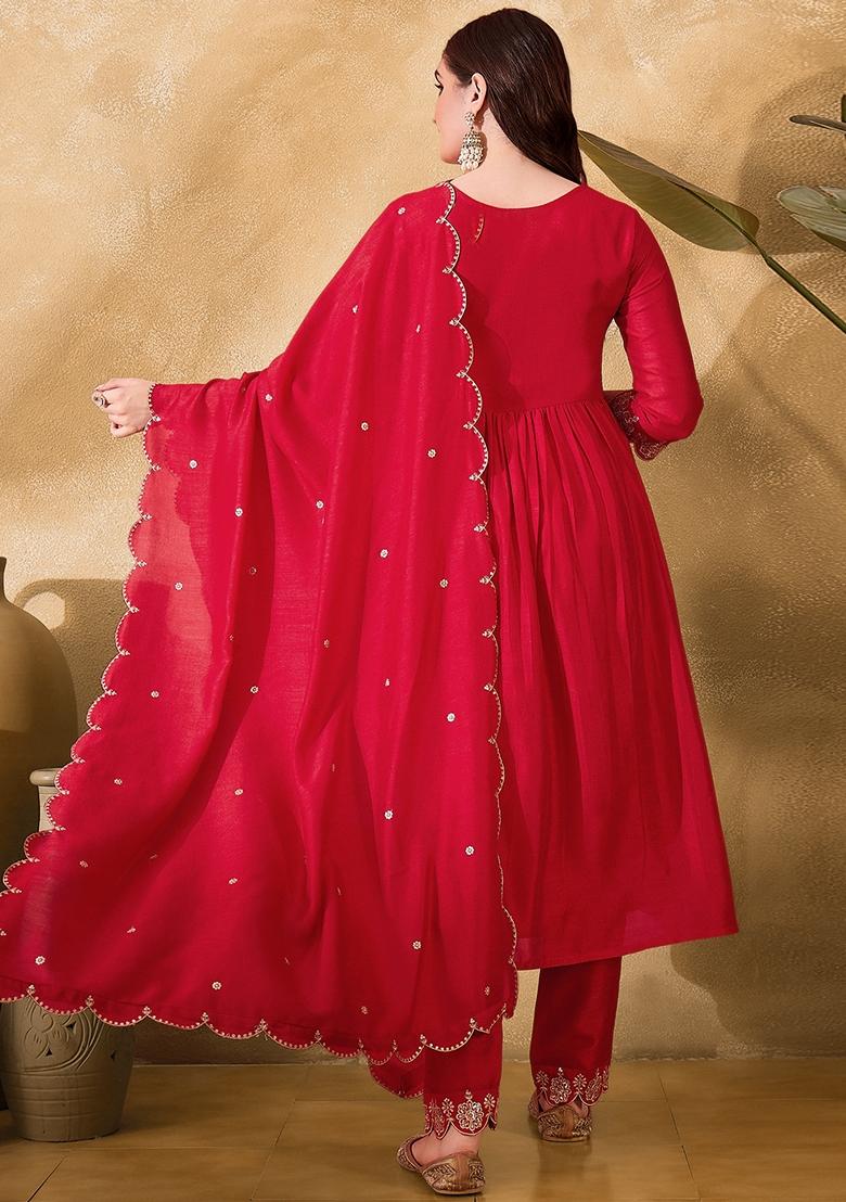 Red Sequin Embroidered Vichitra Salwar Kameez With Dupatta