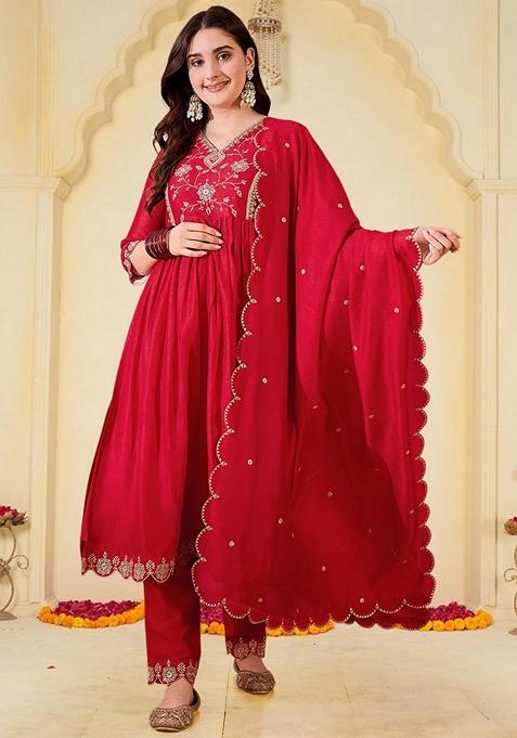 Red Embroidered Vichitra A Line Kurta Set