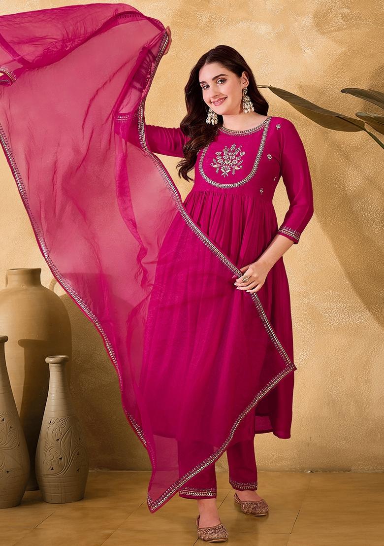Rani Pink Sequin Embroidered Organza Salwar Kameez With Dupatta