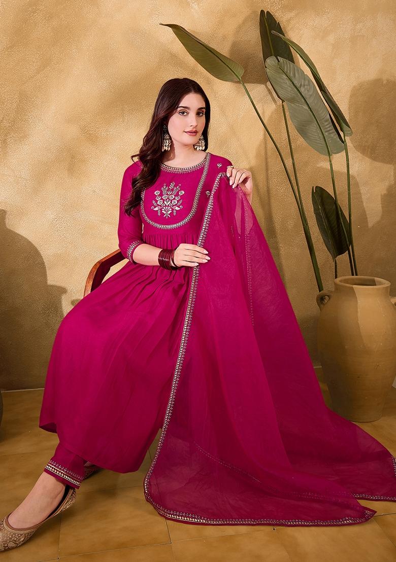 Rani Pink Sequin Embroidered Organza Salwar Kameez With Dupatta