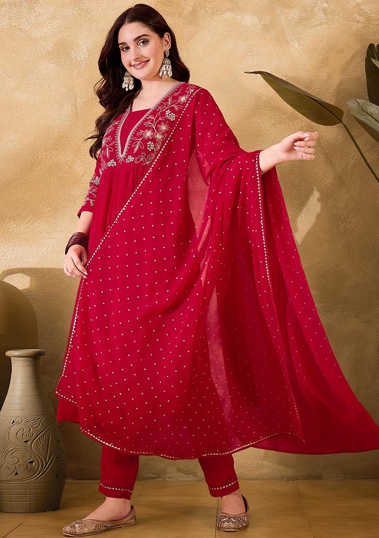 Red Sequin Embroidered Georgette Salwar Kameez With Dupatta