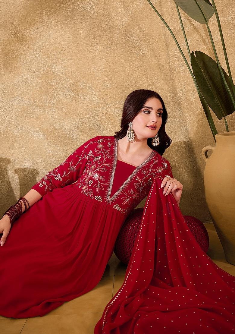 Red Sequin Embroidered Georgette Salwar Kameez With Dupatta