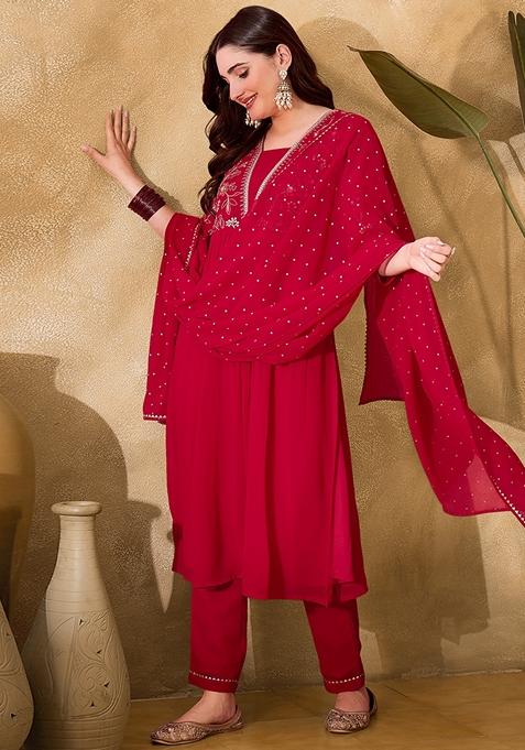 Red Sequin Embroidered Georgette Salwar Kameez With Dupatta