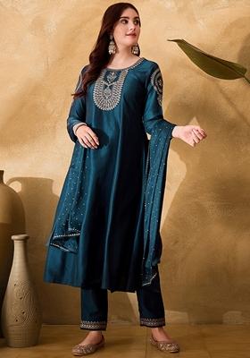 Teal Blue Sequin Embroidered Chinon Salwar Kameez With Dupatta