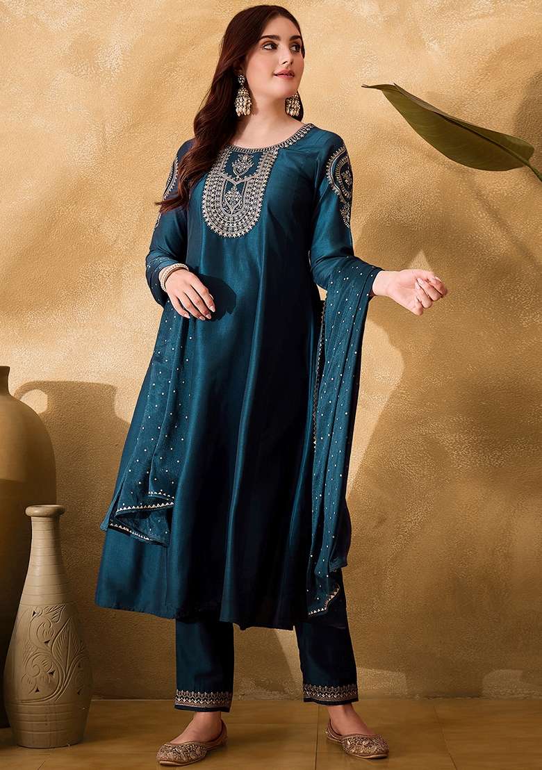 Teal Blue Embroidered Chinon Straight Kurta Set - Indya