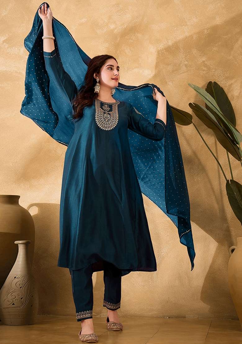 Teal Blue Embroidered Chinon Straight Kurta Set - Indya