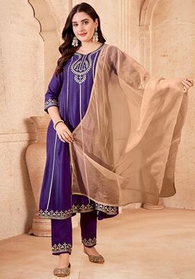 Purple Zari Work Chinon Salwar Kameez With Dupatta