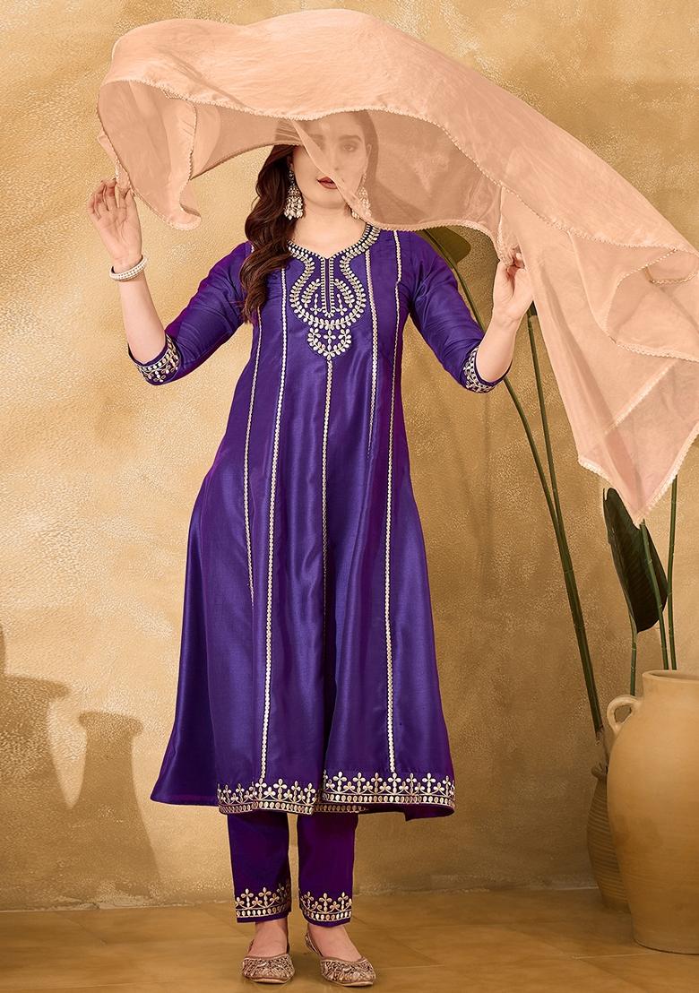 Purple Zari Work Chinon Salwar Kameez With Dupatta