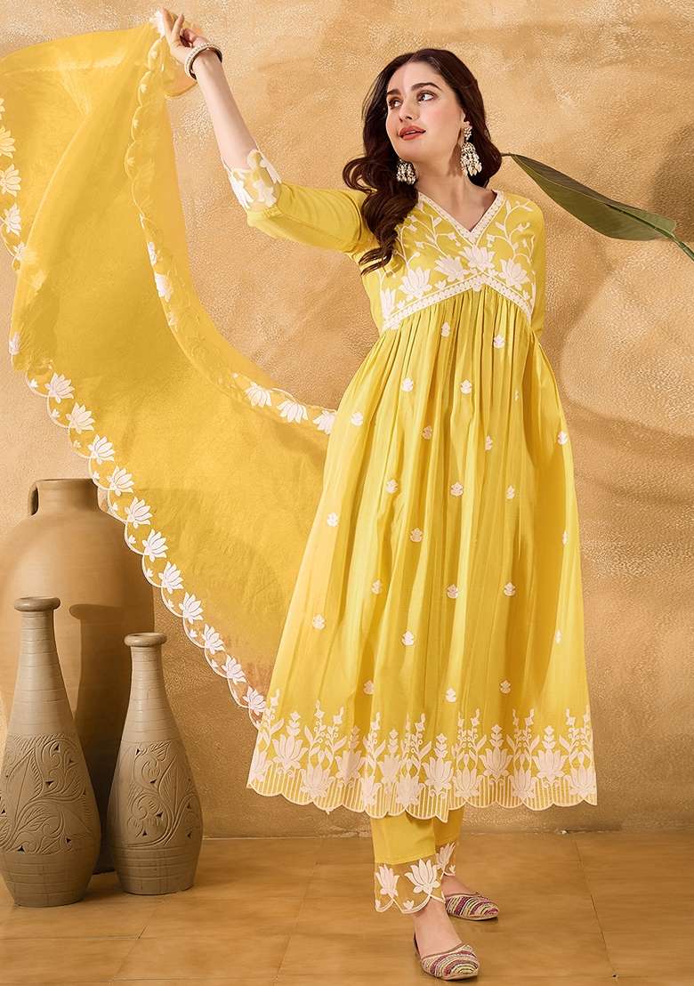 Yellow Embroidered Chinon Salwar Kameez With Dupatta - Indya