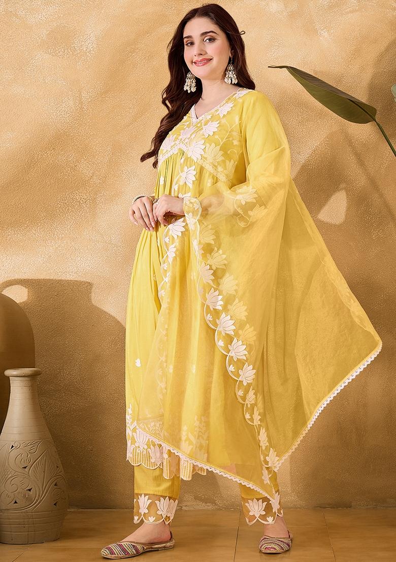 Yellow Embroidered Chinon Salwar Kameez With Dupatta