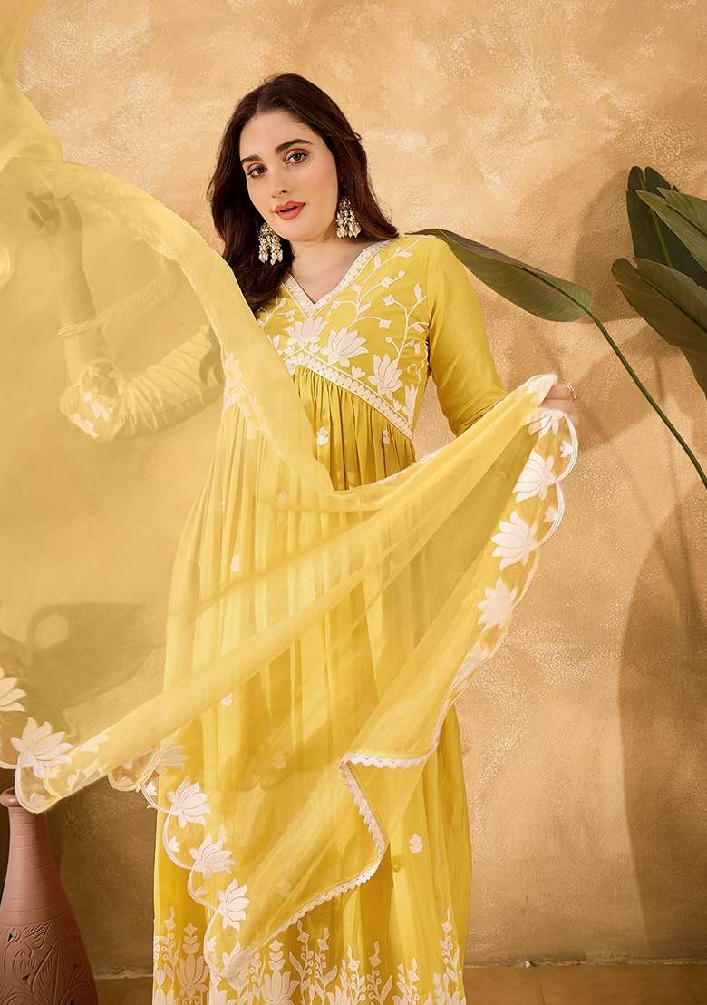 Yellow Embroidered Chinon Salwar Kameez With Dupatta - Indya
