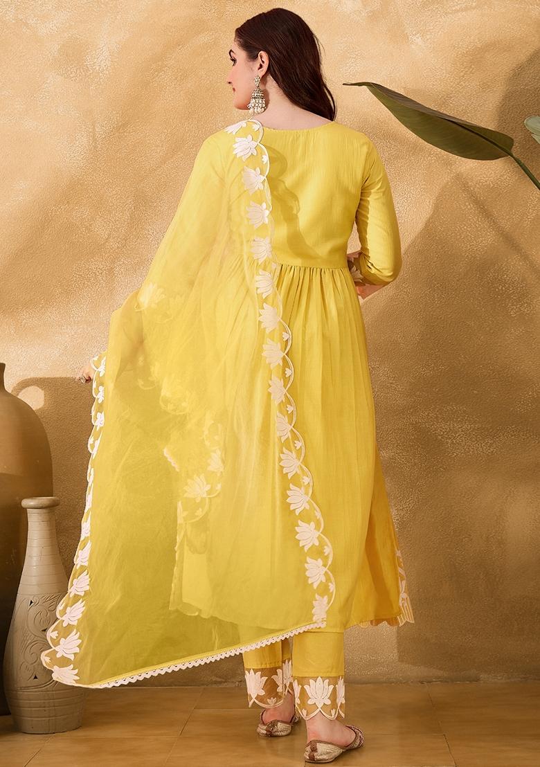 Yellow Embroidered Chinon Salwar Kameez With Dupatta