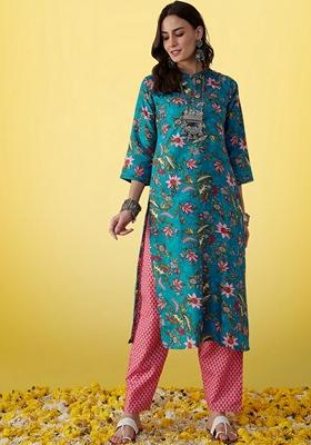 Teal Blue Floral Print Cotton Salwar Kameez