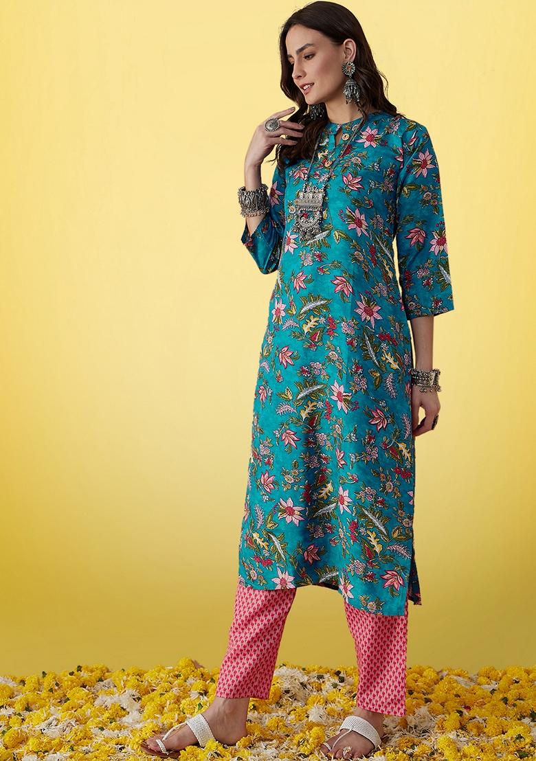 Teal Blue Floral Print Cotton Salwar Kameez