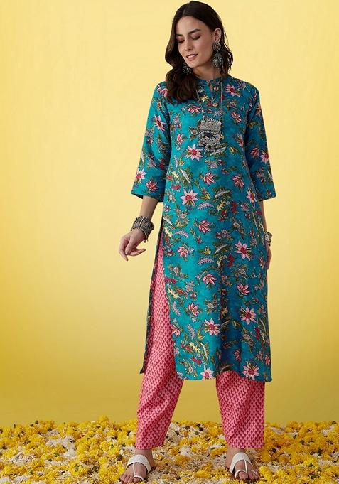 Teal Blue Embroidered Cotton Straight Kurta Set