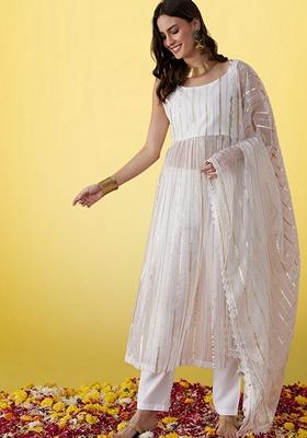 White Weaving Organza Salwar Kameez With Dupatta