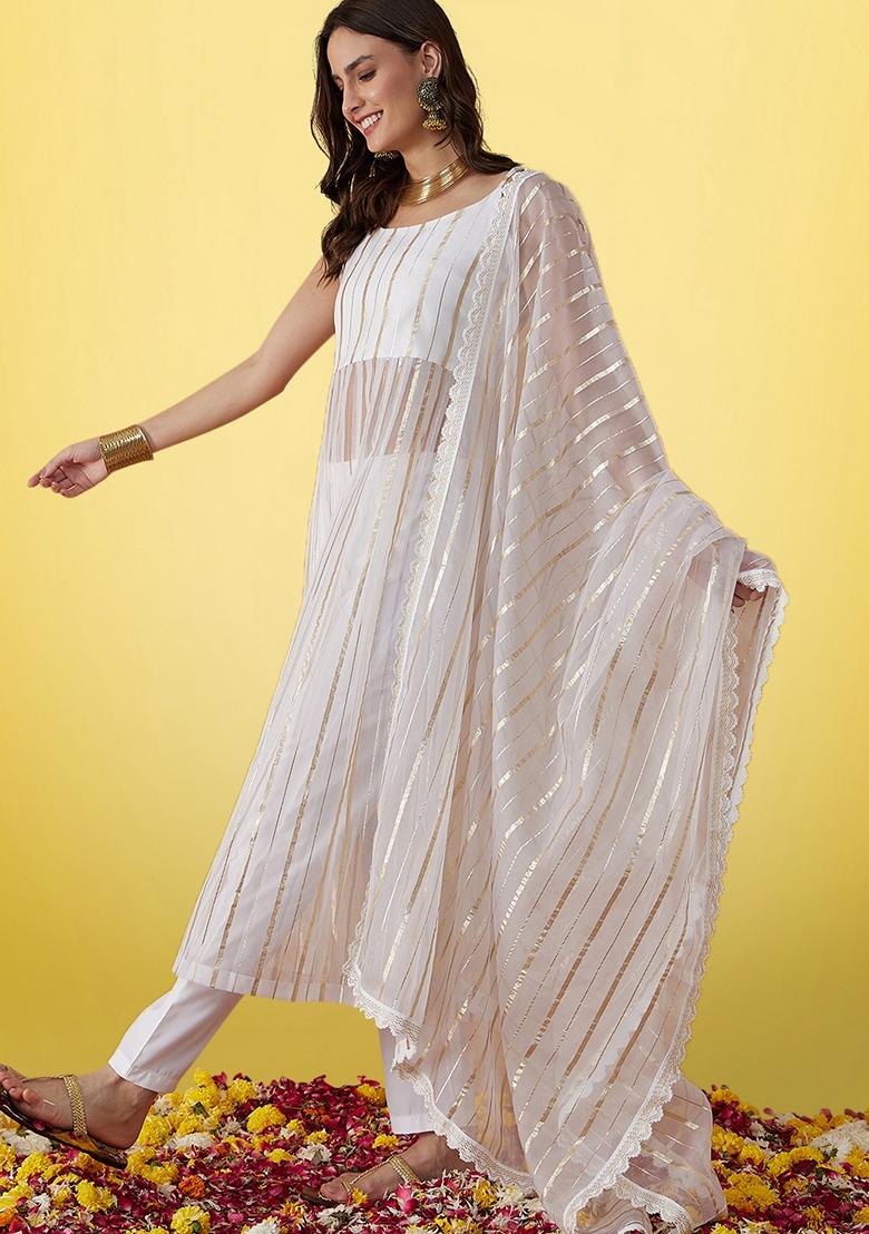 White Weaving Organza Salwar Kameez With Dupatta