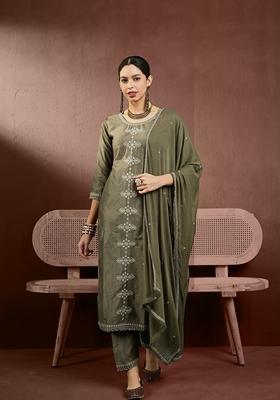 Beige Sequin Embroidered Silk Salwar Kameez With Dupatta