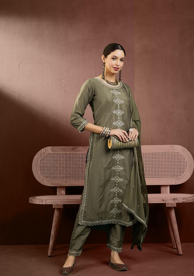 Beige Sequin Embroidered Silk Salwar Kameez With Dupatta