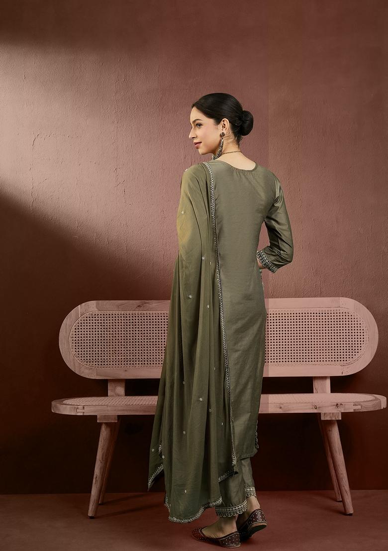 Beige Sequin Embroidered Silk Salwar Kameez With Dupatta