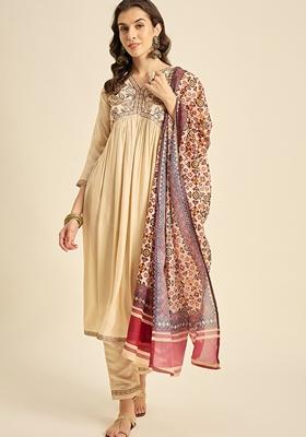 Beige Sequin Embroidered Silk Salwar Kameez With Dupatta