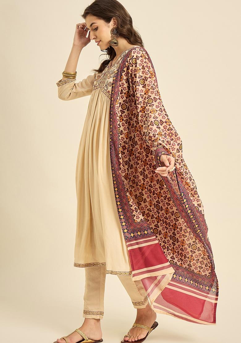 Beige Sequin Embroidered Silk Salwar Kameez With Dupatta