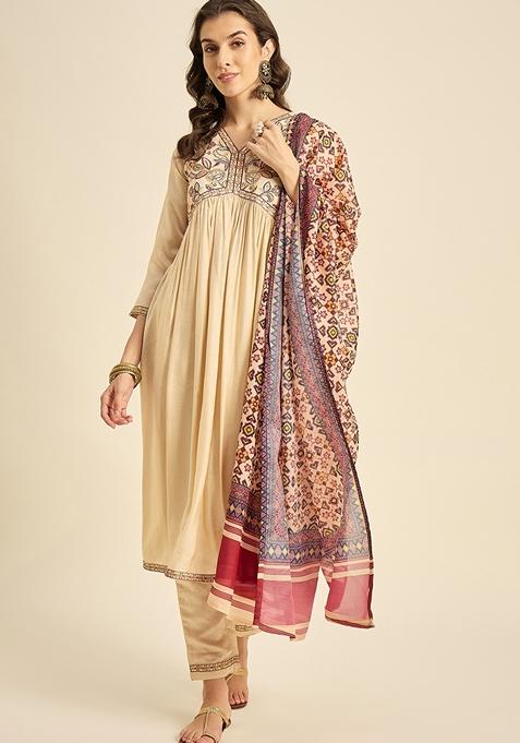 Beige Sequin Embroidered Silk Salwar Kameez With Dupatta
