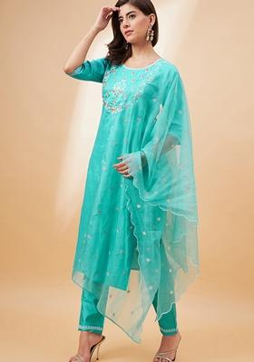 Sky Blue Sequin Embroidered Poly Blend Salwar Kameez