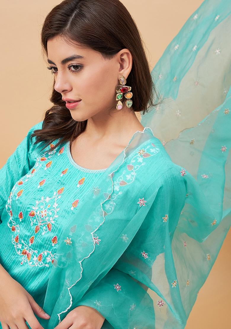 Sky Blue Sequin Embroidered Poly Blend Salwar Kameez