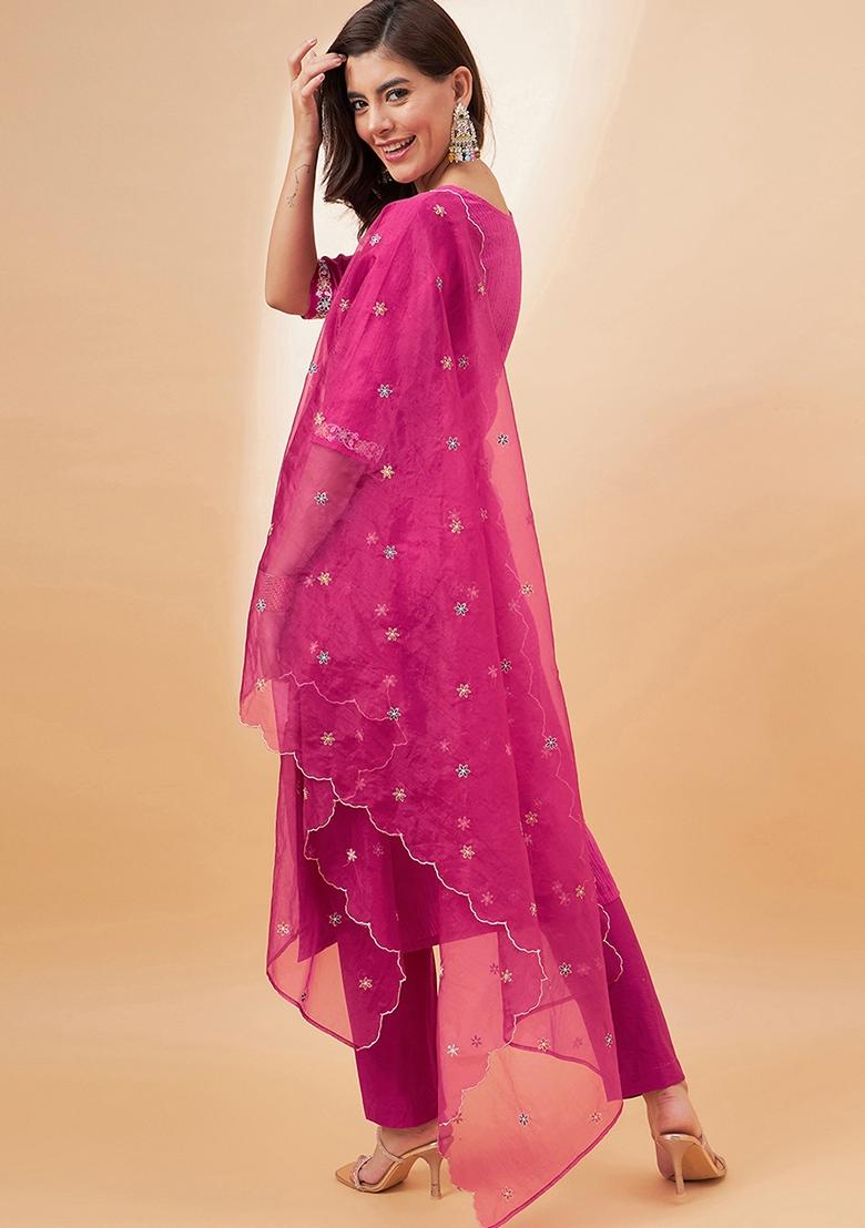 Pink Sequin Embroidered Poly Blend Salwar Kameez