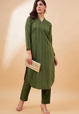 Olive Green Sequin Embroidered Chinon Salwar Kameez 