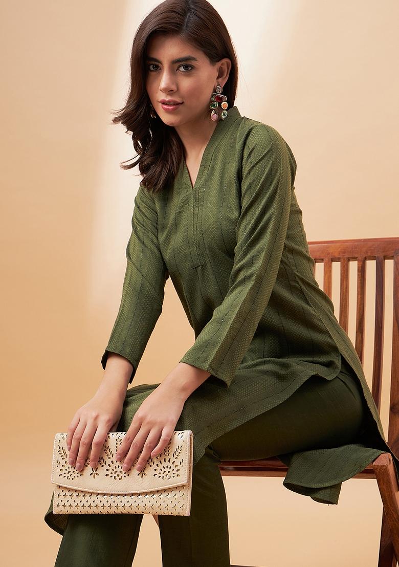 Olive Green Sequin Embroidered Chinon Salwar Kameez 
