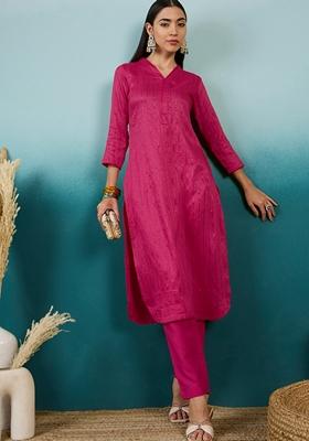 Pink Embroidered Cotton Blend Salwar Kameez