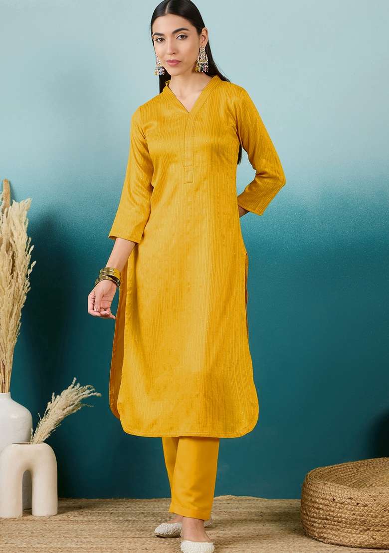 Yellow Solid Cotton Straight Kurta Set - Indya
